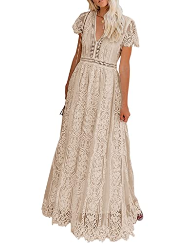 MEROKEETY Damen V Ausschnitt Kurzarm Floral Spitze Hochzeitskleid Brautjungfer Cocktail Party Maxikleid, aprikose, Groß von MEROKEETY