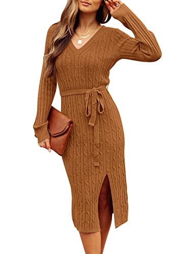 MEROKEETY Damen V Ausschnitt Zopfstrick Pulloverkleid Langarm Bodycon Schlitz Pullover Midikleid mit Gürtel, caramel, Mittel von Merokeety