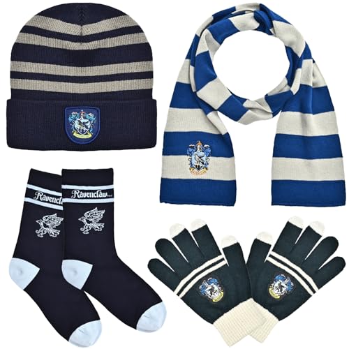 Beanie Mütze Winter Mütze Strickmütze, cooler Anime Hut, Winter Gestrickte Warm Set, Mütze + Schal + Handschuhe + Socken für Unisex(Streifen), 31-34 (blau) von Merrtinus