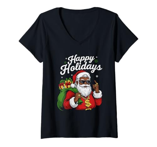 Damen Afrikanischer Weihnachtsmann, schwarz, Weihnachten, cool, Happy Xmas T-Shirt mit V-Ausschnitt Damen Afrikanischer Weihnachtsmann, schwarz, Weihnachten, cool, Happy Xmas T-Shirt mit V-Ausschnitt von Merry African American Christmas