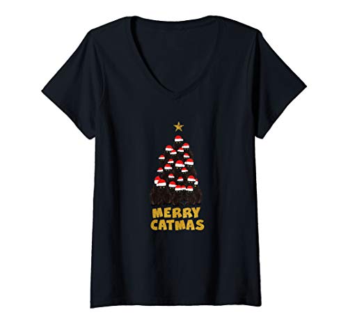 Damen Merry Catmas Weihnachtsbaum Katzen Nikolausmütze Geschenk T-Shirt mit V-Ausschnitt von Merry Catmas Katzen Weihnachts Outfits Geschenke