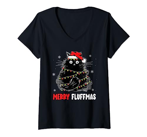 Damen Merry Fluffmas Catmas Süße mürrische Katzen Meowy Kitty Xmas T-Shirt mit V-Ausschnitt Damen Merry Fluffmas Catmas Süße mürrische Katzen Meowy Kitty Xmas T-Shirt mit V-Ausschnitt von Merry Christmas 2022 Xmas Pajamas