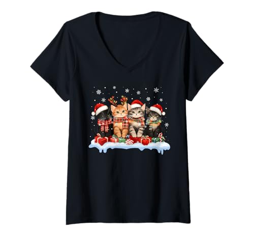 Damen Weihnachtslicht für Katzen, Rentier, Weihnachtsmann, Katzenliebhaber, Weihnachten T-Shirt mit V-Ausschnitt von Merry Christmas Cat Mom Dad Lover Ades.tshirt