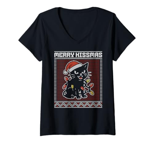 Damen Merry Hissmas, Zischende Katze, hässlicher Pullover, Weihnachtsbeleuchtung T-Shirt mit V-Ausschnitt Damen Merry Hissmas, Zischende Katze, hässlicher Pullover, Weihnachtsbeleuchtung T-Shirt mit V-Ausschnitt von Merry Christmas Cat Ugly Sweater