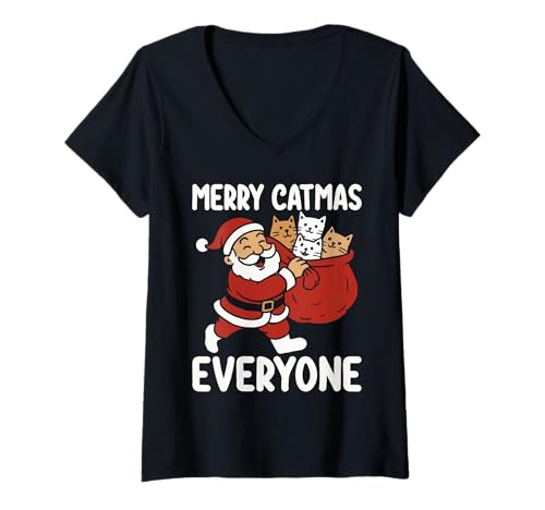 Damen Frohe Katzen an alle, Weihnachtskatzen-Wortspiel Santa Claus T-Shirt mit V-Ausschnitt Damen Frohe Katzen an alle, Weihnachtskatzen-Wortspiel Santa Claus T-Shirt mit V-Ausschnitt von Merry Christmas Cat