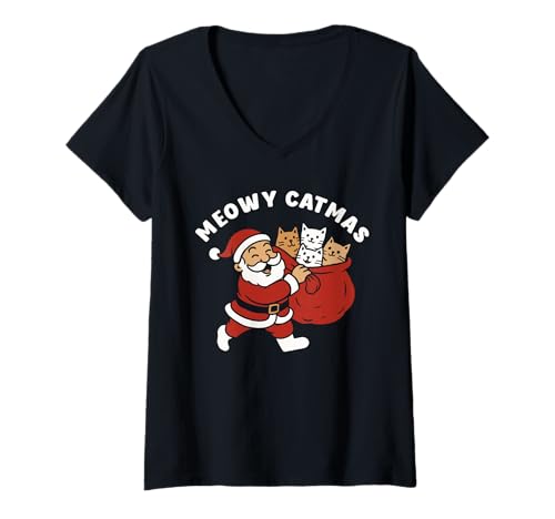 Damen Meowy Catmas, Weihnachtskatze Weihnachtsmann T-Shirt mit V-Ausschnitt Damen Meowy Catmas, Weihnachtskatze Weihnachtsmann T-Shirt mit V-Ausschnitt von Merry Christmas Cat