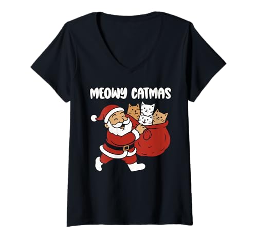 Damen Meowy Catmas, Weihnachtskatze Weihnachtsmann T-Shirt mit V-Ausschnitt Damen Meowy Catmas, Weihnachtskatze Weihnachtsmann T-Shirt mit V-Ausschnitt von Merry Christmas Cat