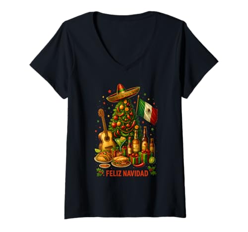 Damen Mexiko Weihnachten Bachelorette Feliz Navidad Mexikaner T-Shirt mit V-Ausschnitt Damen Mexiko Weihnachten Bachelorette Feliz Navidad Mexikaner T-Shirt mit V-Ausschnitt von Merry Christmas Feliz Navidad Mexican Apparel