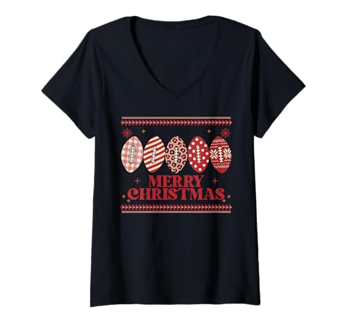 Damen Festlicher Fußball Weihnachten Sport Ugly Sweater Urlaub T-Shirt mit V-Ausschnitt Damen Festlicher Fußball Weihnachten Sport Ugly Sweater Urlaub T-Shirt mit V-Ausschnitt von Merry Christmas Football XMAS Holidays Sports
