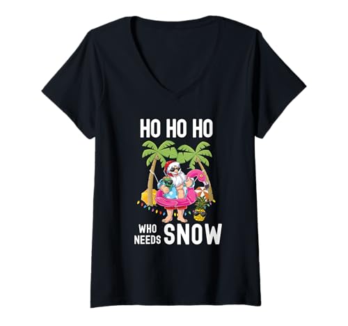 Damen Weihnachtspalme Santa Surfen Sommer Strand Urlaub T-Shirt mit V-Ausschnitt von Merry Christmas In July Gifts & Party Ideas