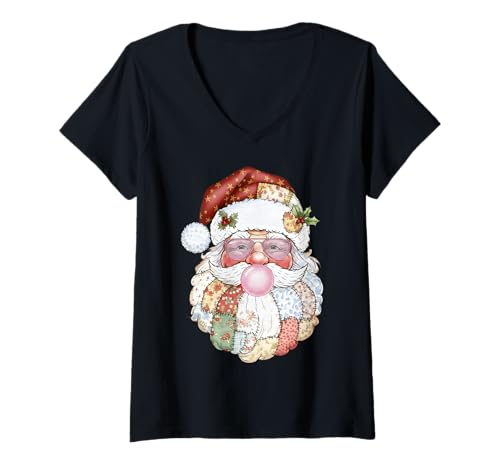 Damen Santa Claus Blowing Bubble Gum Rosa Sonnenbrille Weihnachten T-Shirt mit V-Ausschnitt von Merry Christmas Shirt Funny Santa Claus Bubble Gum