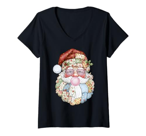 Damen Santa Claus Blowing Bubble Gum Rosa Sonnenbrille Weihnachten T-Shirt mit V-Ausschnitt von Merry Christmas Shirt Funny Santa Claus Bubble Gum