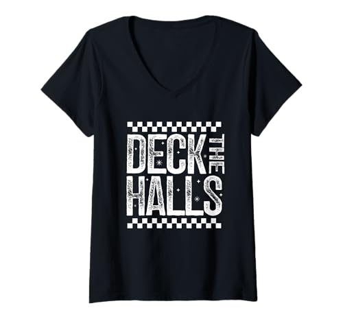 Damen Merry Christmas Deck The Halls Retro Checkered Holiday Zitat T-Shirt mit V-Ausschnitt von Merry Christmas T-Shirt Co.