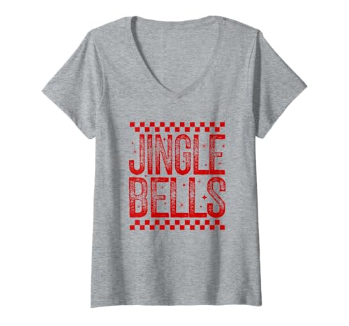 Damen Merry Christmas Jingle Bells Retro Checkered Holiday Zitat T-Shirt mit V-Ausschnitt von Merry Christmas T-Shirt Co.