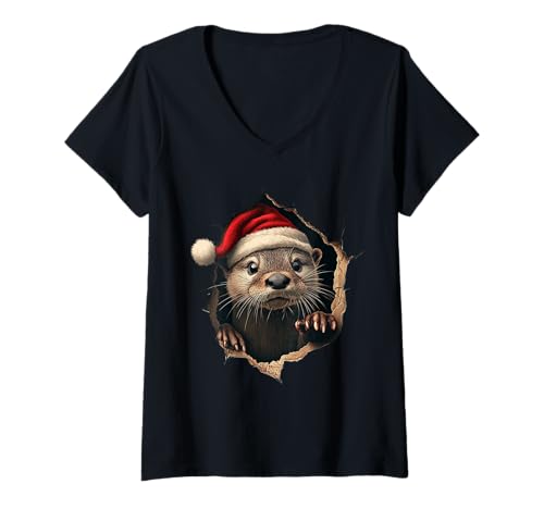 Damen Lustiger Otter mit Weihnachtsmütze Sonnenbrille Süße Otter T-Shirt mit V-Ausschnitt Damen Lustiger Otter mit Weihnachtsmütze Sonnenbrille Süße Otter T-Shirt mit V-Ausschnitt von Merry Christmas Weihnachtsfeier Weihnachten Outfit