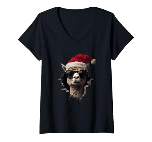 Damen Lustiges Alpaka mit Weihnachtsmütze Sonnenbrille Weihnachten T-Shirt mit V-Ausschnitt von Merry Christmas Weihnachtsfeier Weihnachten Outfit