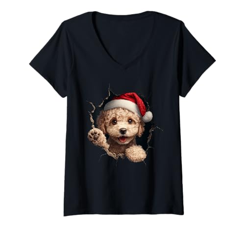 Damen Lustiges Pudel Hunde Hundebesitzer Hund Weihnachtsmütze T-Shirt mit V-Ausschnitt von Merry Christmas Weihnachtsfeier Weihnachten Outfit