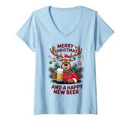 Damen Rentier Bier Weihnachtspullover Biertrinker Geschenk T-Shirt mit V-Ausschnitt von Merry Christmas and happy New Beer Bier Geschenke