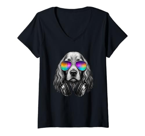 Damen Trippy Cocker Spaniel Hund trägt Musik Equalizer Sonnenbrille T-Shirt mit V-Ausschnitt Damen Trippy Cocker Spaniel Hund trägt Musik Equalizer Sonnenbrille T-Shirt mit V-Ausschnitt von Merry Cocker Tunes Apparel