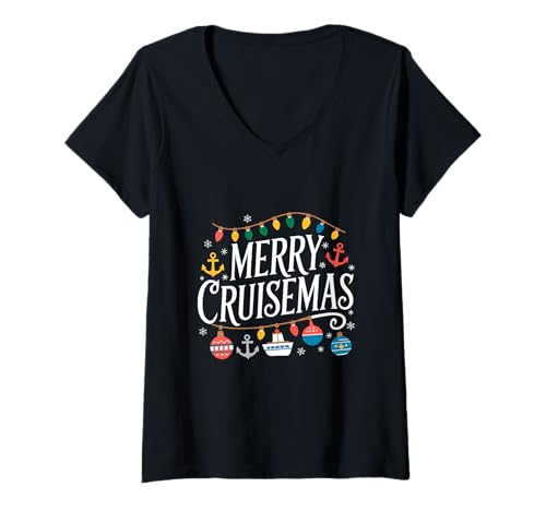 Damen Merry Cruisemas Weihnachts-Kreuzfahrt-Shirts für Familien, Kreuzfahrt-Liebhaber T-Shirt mit V-Ausschnitt von Merry Cruisemas Christmas Cruise Outfits Family