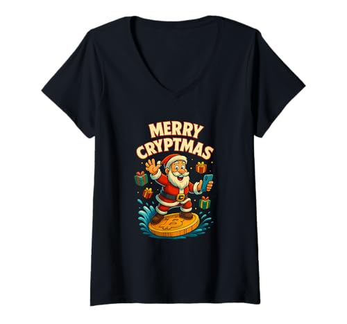 Damen Frohe Kryptmas Lustiger Weihnachtsmann-Bitcoin-Krypto-Altcoin-Feiertag T-Shirt mit V-Ausschnitt Damen Frohe Kryptmas Lustiger Weihnachtsmann-Bitcoin-Krypto-Altcoin-Feiertag T-Shirt mit V-Ausschnitt von Merry Cryptmas Santa Crypto Humor
