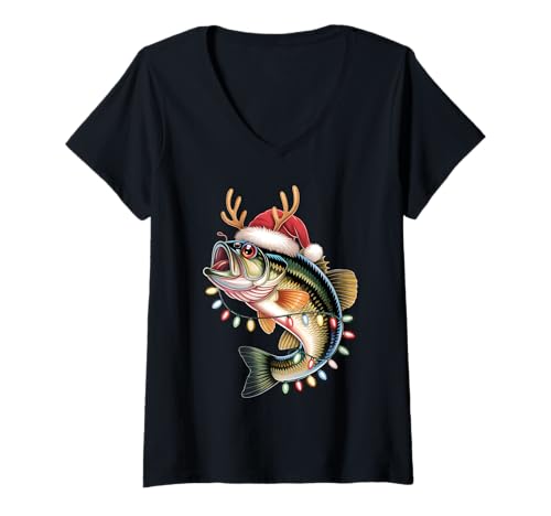 Damen Merry Fishmas Weihnachtsmann Angelfreunde Lustig Fischer Weihnachten T-Shirt mit V-Ausschnitt von Merry Fishmas Santa Fishing Christmas Apparels
