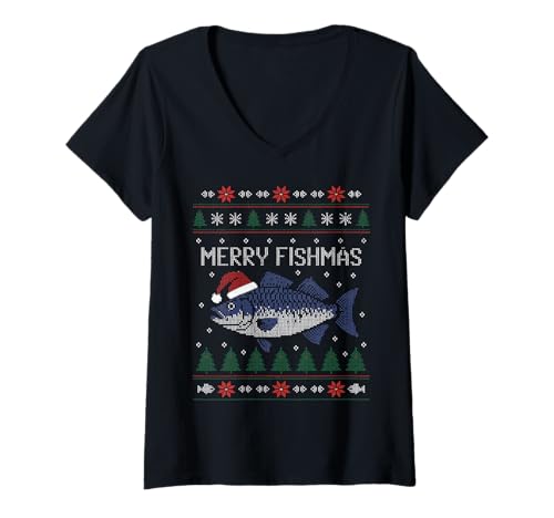 Damen Merry Fishmas Lustiger Hai-Weihnachtsmannmütze, hässlicher Weihnachtspullover T-Shirt mit V-Ausschnitt Damen Merry Fishmas Lustiger Hai-Weihnachtsmannmütze, hässlicher Weihnachtspullover T-Shirt mit V-Ausschnitt von Merry Fishmas Santa Hat Ugly Christmas Sweater