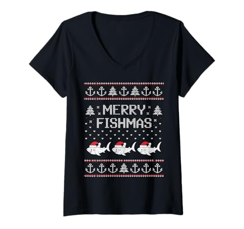 Damen Merry Fishmas Lustiger Hai-Weihnachtsmannmütze, hässlicher Weihnachtspullover T-Shirt mit V-Ausschnitt Damen Merry Fishmas Lustiger Hai-Weihnachtsmannmütze, hässlicher Weihnachtspullover T-Shirt mit V-Ausschnitt von Merry Fishmas Santa Hat Ugly Christmas Sweater