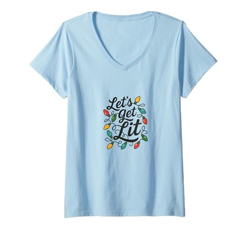 Damen Let's Get Lit Lustige Weihnachtsbeleuchtung Urlaub Party Humor T-Shirt mit V-Ausschnitt Damen Let's Get Lit Lustige Weihnachtsbeleuchtung Urlaub Party Humor T-Shirt mit V-Ausschnitt von Merry Glow Gangs