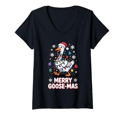 Damen Merry Goose-Mas Weihnachtslichtermütze, lustige Gans T-Shirt mit V-Ausschnitt Damen Merry Goose-Mas Weihnachtslichtermütze, lustige Gans T-Shirt mit V-Ausschnitt von Merry Goose-mas Apparel