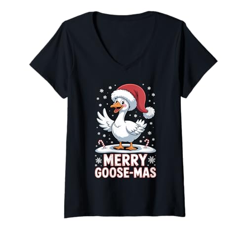 Damen Merry Goose-Mas Weihnachtsmütze Lustige Weihnachtsgans T-Shirt mit V-Ausschnitt Damen Merry Goose-Mas Weihnachtsmütze Lustige Weihnachtsgans T-Shirt mit V-Ausschnitt von Merry Goose-mas Apparel