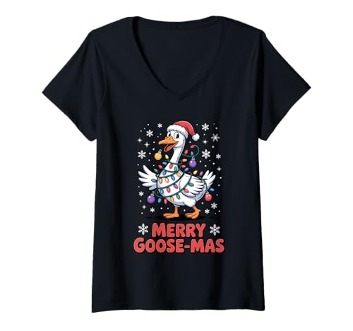 Damen Merry Goose-Mas Weihnachtslichtermütze, lustige Weihnachtsgans T-Shirt mit V-Ausschnitt Damen Merry Goose-Mas Weihnachtslichtermütze, lustige Weihnachtsgans T-Shirt mit V-Ausschnitt von Merry Goose-mas Clothing