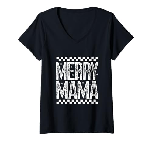 Damen Merry Mama Christmas Mom Retro Kariert Urlaub Zitat T-Shirt mit V-Ausschnitt Damen Merry Mama Christmas Mom Retro Kariert Urlaub Zitat T-Shirt mit V-Ausschnitt von Merry Mama T-Shirt Co.