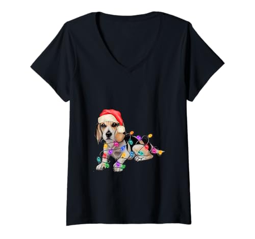 Damen Beagle Weihnachtsbaum-Lichter, The Soul Keeper T-Shirt mit V-Ausschnitt Damen Beagle Weihnachtsbaum-Lichter, The Soul Keeper T-Shirt mit V-Ausschnitt von Merry Paws Wreath & Lights