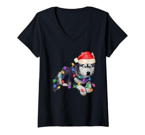 Damen Sibirischer Husky Weihnachtsbaum-Lichter, The Soul Keeper T-Shirt mit V-Ausschnitt Damen Sibirischer Husky Weihnachtsbaum-Lichter, The Soul Keeper T-Shirt mit V-Ausschnitt von Merry Paws Wreath & Lights