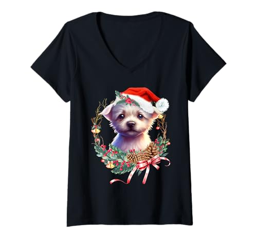 Damen Weihnachtskranz für Hunde, der Seelenwächter T-Shirt mit V-Ausschnitt Damen Weihnachtskranz für Hunde, der Seelenwächter T-Shirt mit V-Ausschnitt von Merry Paws Wreath & Lights