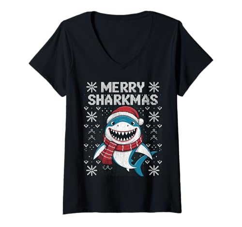 Damen Merry Sharkmas Lustiger Hai-Weihnachtsmannmütze, hässlicher Weihnachtspullover T-Shirt mit V-Ausschnitt Damen Merry Sharkmas Lustiger Hai-Weihnachtsmannmütze, hässlicher Weihnachtspullover T-Shirt mit V-Ausschnitt von Merry Sharkmas Santa Hat Ugly Christmas Sweater