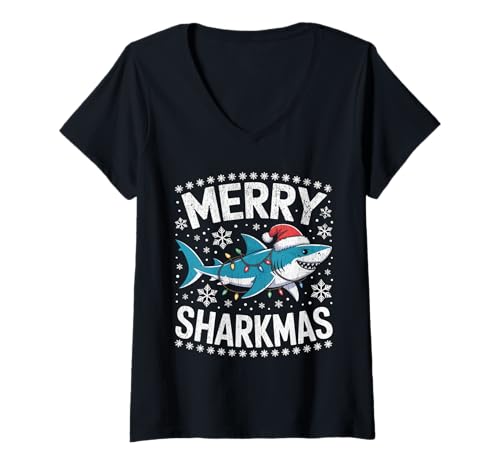 Damen Merry Sharkmas Lustiger Hai-Weihnachtsmannmütze, hässlicher Weihnachtspullover T-Shirt mit V-Ausschnitt Damen Merry Sharkmas Lustiger Hai-Weihnachtsmannmütze, hässlicher Weihnachtspullover T-Shirt mit V-Ausschnitt von Merry Sharkmas Santa Hat Ugly Christmas Sweater