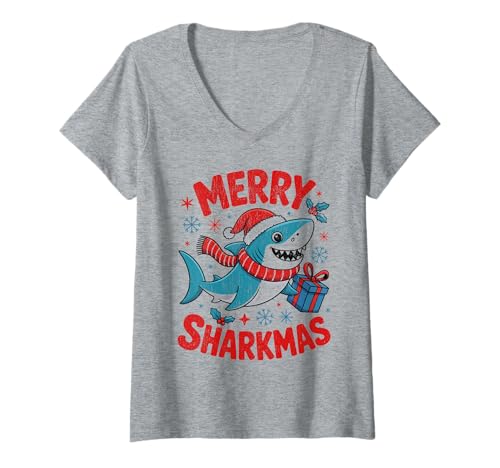 Damen Merry Sharkmas Lustiger Hai-Weihnachtsmannmütze, hässlicher Weihnachtspullover T-Shirt mit V-Ausschnitt Damen Merry Sharkmas Lustiger Hai-Weihnachtsmannmütze, hässlicher Weihnachtspullover T-Shirt mit V-Ausschnitt von Merry Sharkmas Santa Hat Ugly Christmas Sweater