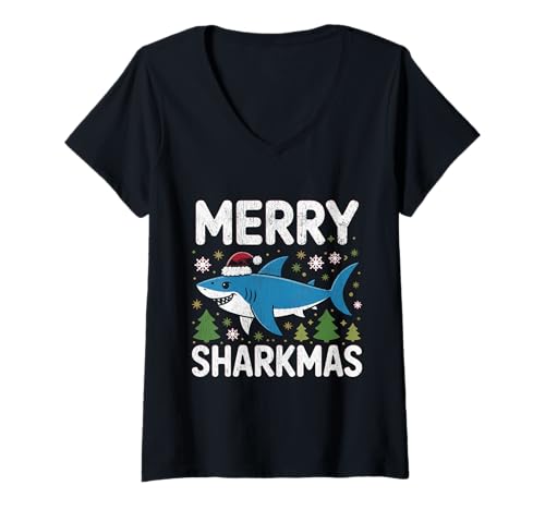 Damen Merry Sharkmas Lustiger Hai-Weihnachtsmannmütze, hässlicher Weihnachtspullover T-Shirt mit V-Ausschnitt Damen Merry Sharkmas Lustiger Hai-Weihnachtsmannmütze, hässlicher Weihnachtspullover T-Shirt mit V-Ausschnitt von Merry Sharkmas Santa Hat Ugly Christmas Sweater