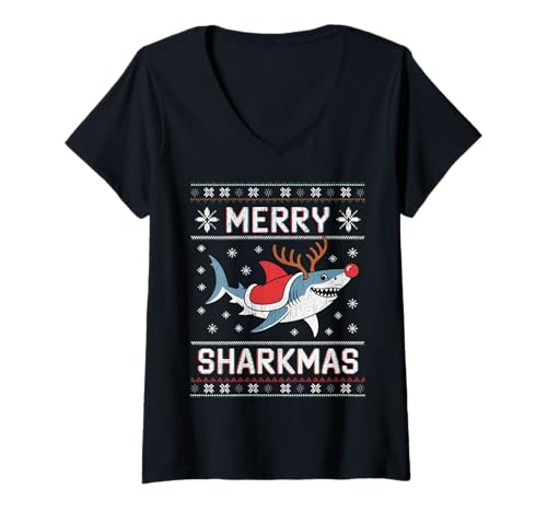 Damen Merry Sharkmas Lustiger Hai-Weihnachtsmannmütze, hässlicher Weihnachtspullover T-Shirt mit V-Ausschnitt Damen Merry Sharkmas Lustiger Hai-Weihnachtsmannmütze, hässlicher Weihnachtspullover T-Shirt mit V-Ausschnitt von Merry Sharkmas Santa Hat Ugly Christmas Sweater