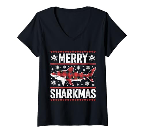 Damen Merry Sharkmas Lustiger Hai-Weihnachtsmannmütze, hässlicher Weihnachtspullover T-Shirt mit V-Ausschnitt Damen Merry Sharkmas Lustiger Hai-Weihnachtsmannmütze, hässlicher Weihnachtspullover T-Shirt mit V-Ausschnitt von Merry Sharkmas Santa Hat Ugly Christmas Sweater