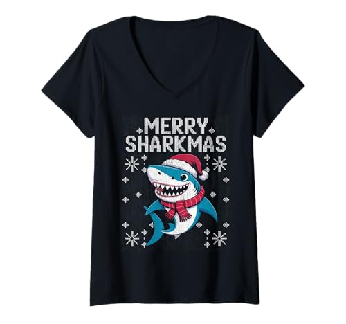 Damen Merry Sharkmas Lustiger Hai-Weihnachtsmannmütze, hässlicher Weihnachtspullover T-Shirt mit V-Ausschnitt Damen Merry Sharkmas Lustiger Hai-Weihnachtsmannmütze, hässlicher Weihnachtspullover T-Shirt mit V-Ausschnitt von Merry Sharkmas Santa Hat Ugly Christmas Sweater