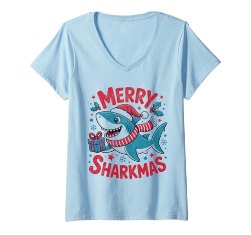 Damen Merry Sharkmas Lustiger Hai-Weihnachtsmannmütze, hässlicher Weihnachtspullover T-Shirt mit V-Ausschnitt Damen Merry Sharkmas Lustiger Hai-Weihnachtsmannmütze, hässlicher Weihnachtspullover T-Shirt mit V-Ausschnitt von Merry Sharkmas Santa Hat Ugly Christmas Sweater