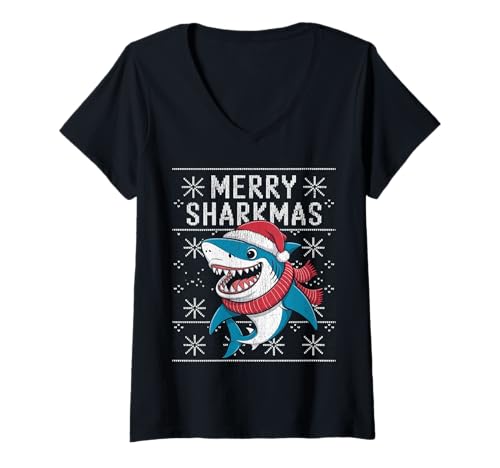 Damen Merry Sharkmas Lustiger Hai-Weihnachtsmannmütze, hässlicher Weihnachtspullover T-Shirt mit V-Ausschnitt Damen Merry Sharkmas Lustiger Hai-Weihnachtsmannmütze, hässlicher Weihnachtspullover T-Shirt mit V-Ausschnitt von Merry Sharkmas Santa Hat Ugly Christmas Sweater