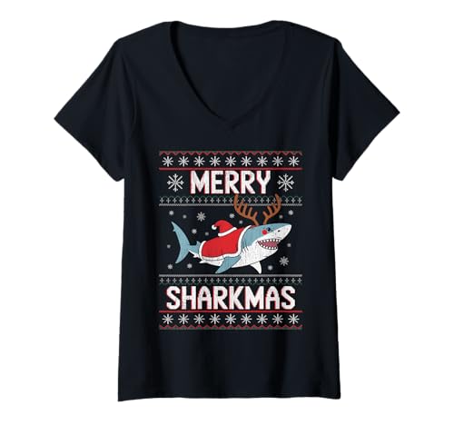 Damen Merry Sharkmas Lustiger Hai-Weihnachtsmannmütze, hässlicher Weihnachtspullover T-Shirt mit V-Ausschnitt Damen Merry Sharkmas Lustiger Hai-Weihnachtsmannmütze, hässlicher Weihnachtspullover T-Shirt mit V-Ausschnitt von Merry Sharkmas Santa Hat Ugly Christmas Sweater