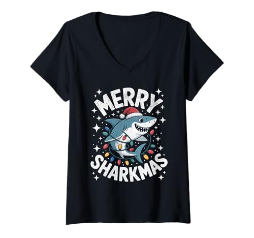 Damen Merry Sharkmas Lustiger Hai-Weihnachtsmannmütze, hässlicher Weihnachtspullover T-Shirt mit V-Ausschnitt Damen Merry Sharkmas Lustiger Hai-Weihnachtsmannmütze, hässlicher Weihnachtspullover T-Shirt mit V-Ausschnitt von Merry Sharkmas Santa Hat Ugly Christmas Sweater
