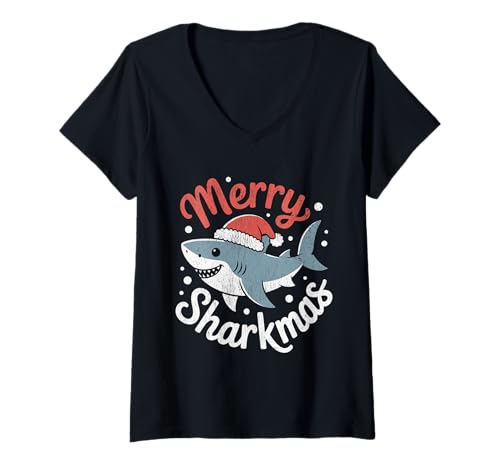Damen Merry Sharkmas Lustiger Hai-Weihnachtsmannmütze, hässlicher Weihnachtspullover T-Shirt mit V-Ausschnitt Damen Merry Sharkmas Lustiger Hai-Weihnachtsmannmütze, hässlicher Weihnachtspullover T-Shirt mit V-Ausschnitt von Merry Sharkmas Santa Hat Ugly Christmas Sweater