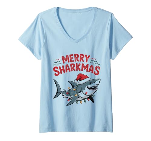 Damen Merry Sharkmas Lustiger Hai-Weihnachtsmannmütze, hässlicher Weihnachtspullover T-Shirt mit V-Ausschnitt Damen Merry Sharkmas Lustiger Hai-Weihnachtsmannmütze, hässlicher Weihnachtspullover T-Shirt mit V-Ausschnitt von Merry Sharkmas Santa Hat Ugly Christmas Sweater