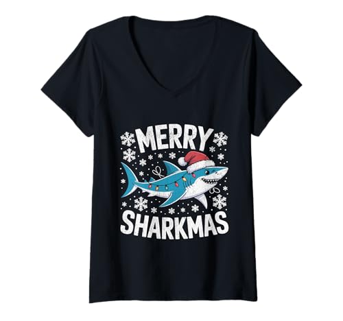 Damen Merry Sharkmas Lustiger Hai-Weihnachtsmannmütze, hässlicher Weihnachtspullover T-Shirt mit V-Ausschnitt Damen Merry Sharkmas Lustiger Hai-Weihnachtsmannmütze, hässlicher Weihnachtspullover T-Shirt mit V-Ausschnitt von Merry Sharkmas Santa Hat Ugly Christmas Sweater
